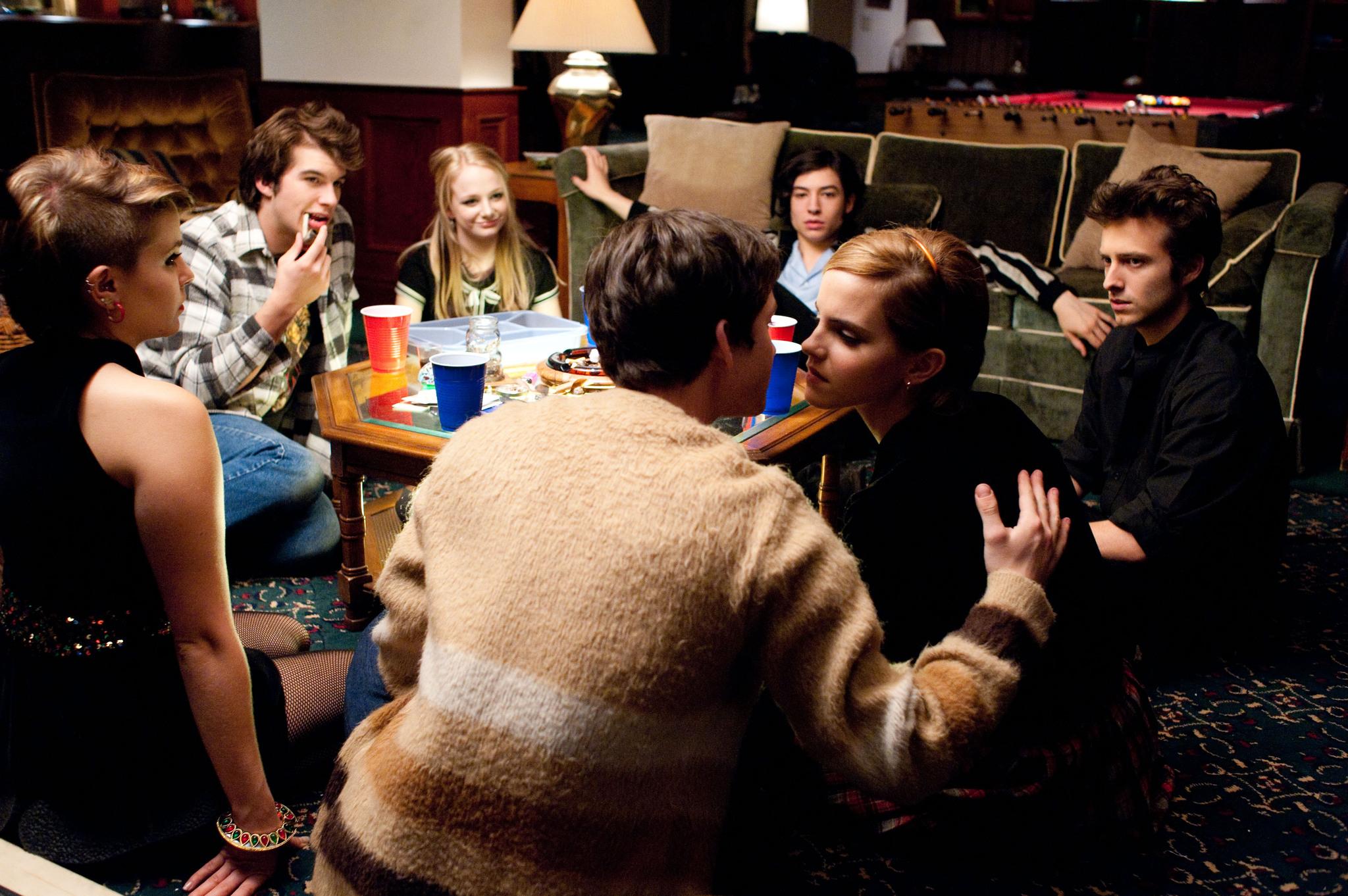 Still of Logan Lerman, Emma Watson, Mae Whitman, Reece Thompson, Ezra Miller and Erin Wilhelmi in The Perks of Being a Wallflower (2012)