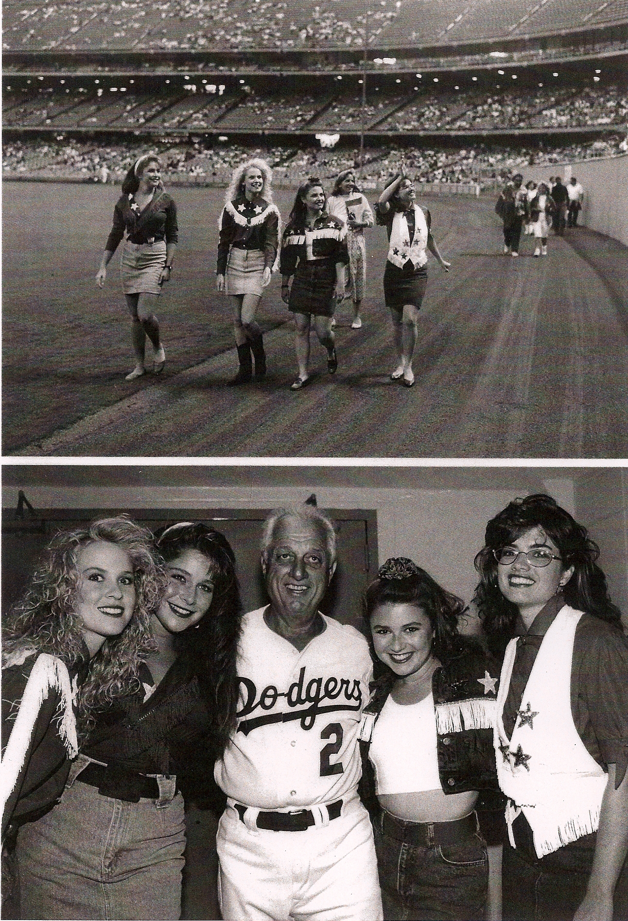 (Top) Jamie Lunar, Brooke Theiss, JoAnn Willette and Heather Langenkamp singing the National Anthem at a LA Dodger game as 