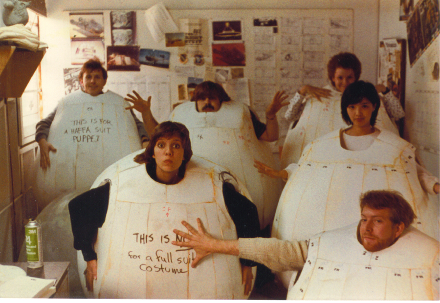 The Stay-Puft Crew modeling the foam suits in mid-construction. Back row: William Bryan, Eric Fiedler, Terri Hardin Middle row: Diana Williams (Hamann), Etsuko Egawa Lower right: Marc Tyler at Boss Films, Culver City, CA.