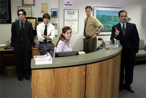 Still of Steve Carell, Rainn Wilson and B.J. Novak in The Office (2005)