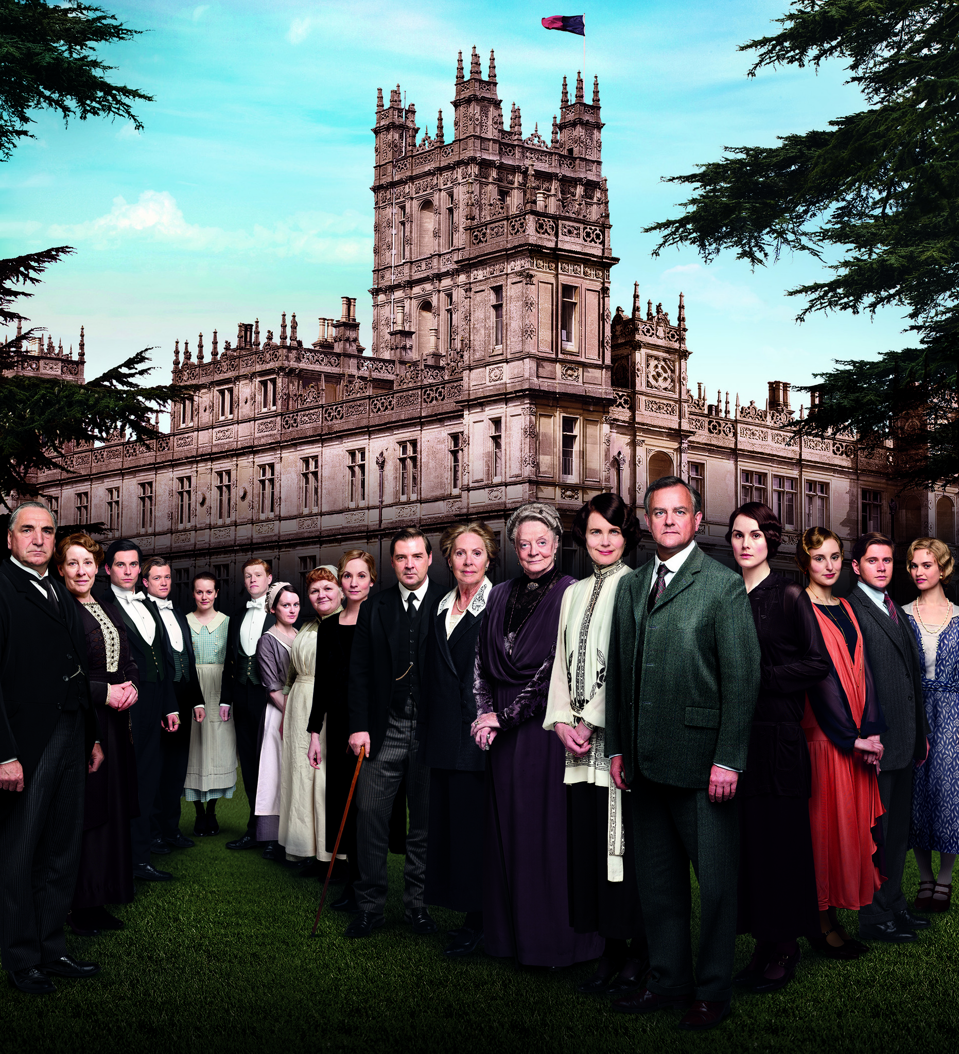 Still of Elizabeth McGovern, Maggie Smith, Hugh Bonneville, Jim Carter, Penelope Wilton, Allen Leech and Michelle Dockery in Downton Abbey (2010)