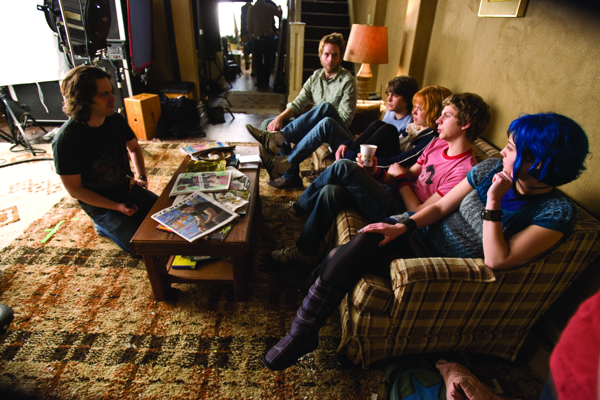 Still of Michael Cera, Alison Pill, Mark Webber, Mary Elizabeth Winstead, Edgar Wright and Johnny Simmons in Skotas Pilgrimas pries pasauli (2010)