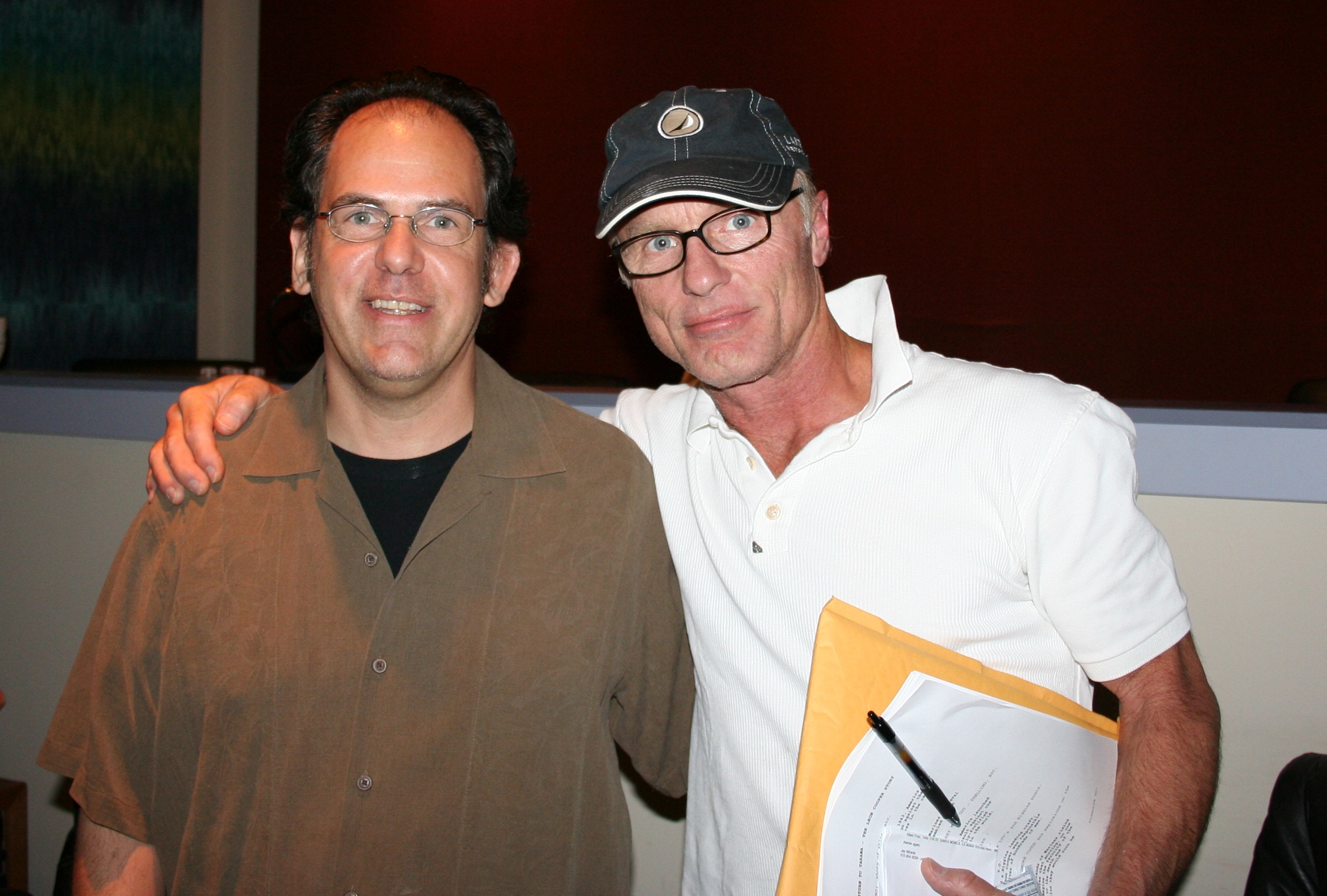 Woody Woodhall with Ed Harris recording voice over for a documentary film.