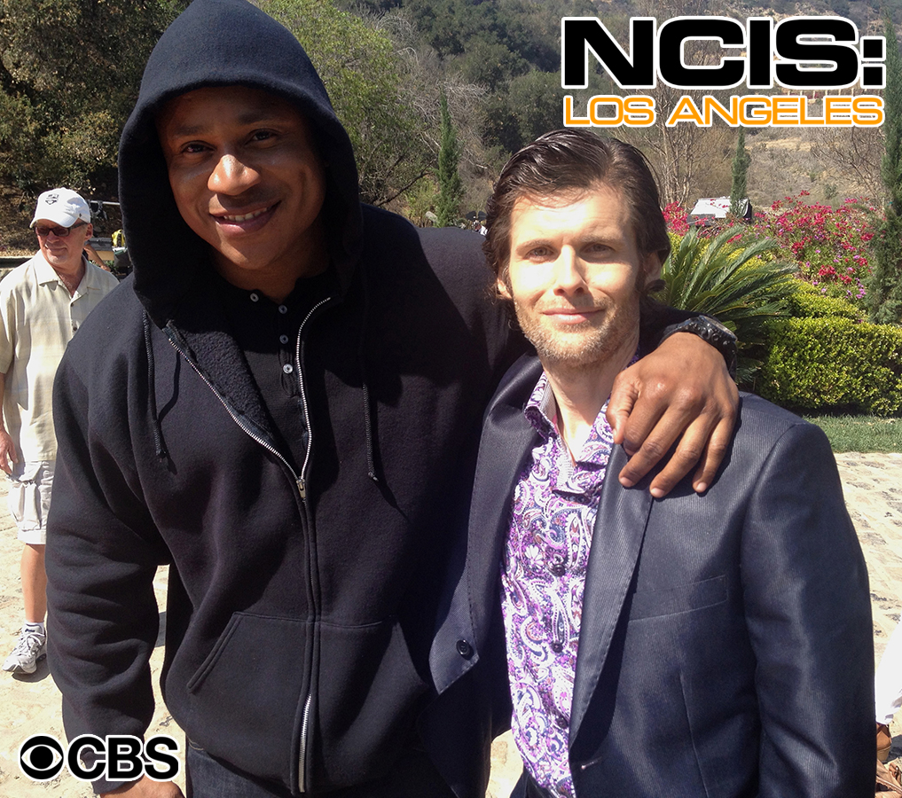 LL Cool J as 'Sam' and guest star Stephen Wozniak as 'Tyler Brunson' on CBS's NCIS: LOS ANGELES between takes. March 2014.