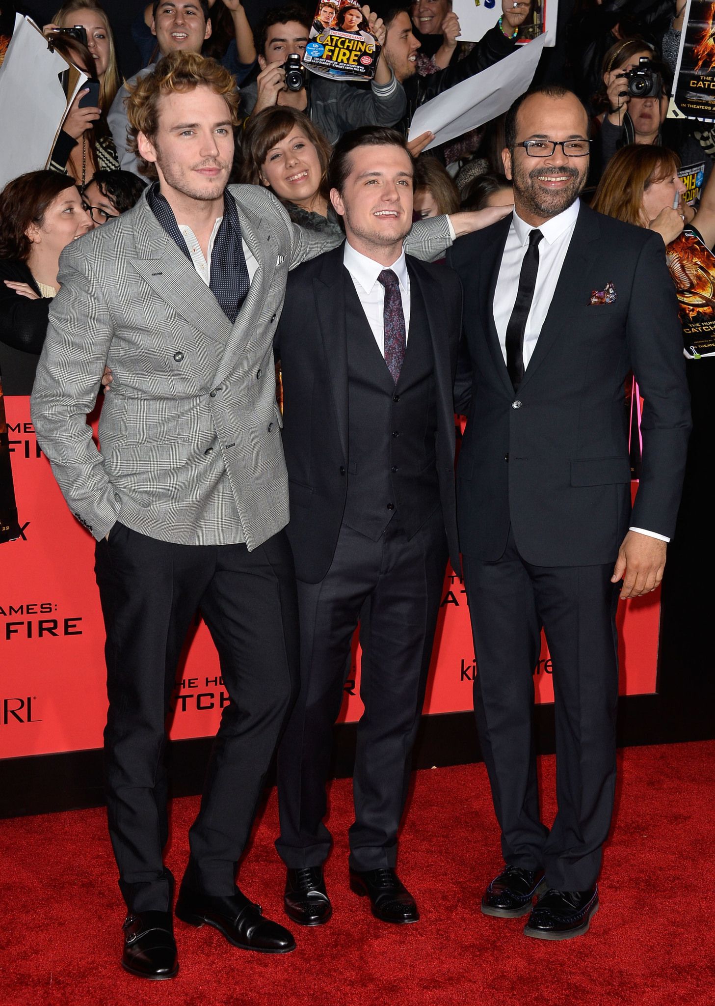 Jeffrey Wright, Josh Hutcherson and Sam Claflin at event of Bado zaidynes. Ugnies medziokle (2013)