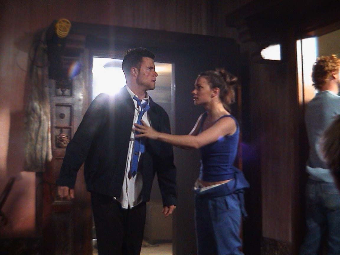 Sam (Kristy Wright), tries to calm Mark (Damen Stephenson), in 'Enemies Closer'