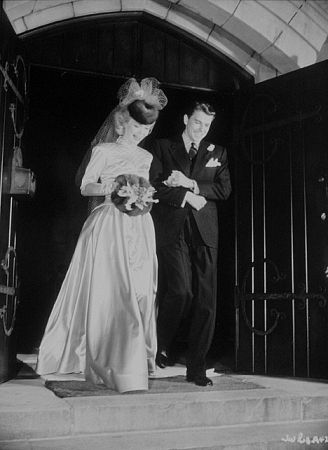 Ronald Reagan and Jane Wyman leaving the church on their wedding day January 26, 1940