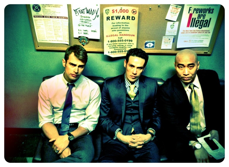 Theo James, Kevin Alejandro and Ron Yuan in between takes on CBS 