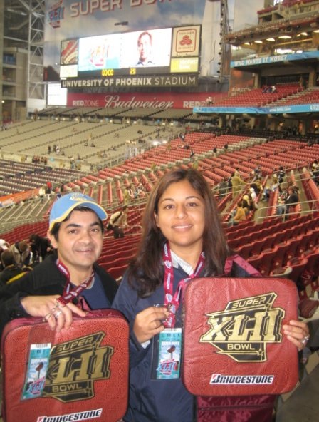Hammad and his wife at one of his annual birthday trips to the Super Bowl. Hammad's been to 21 straight Super Bowl games, and counting.