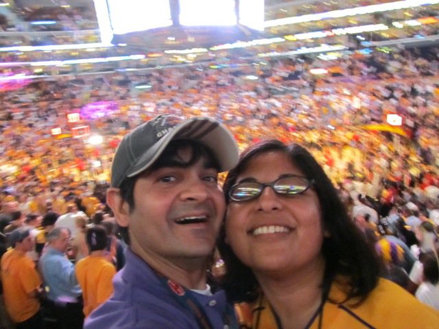 Hammad Zaidi and his wife Shahina, from their season seats, the moment the Lakers won game 7 of the 2010 NBA Finals over Boston, at the Staples Center in Los Angeles.