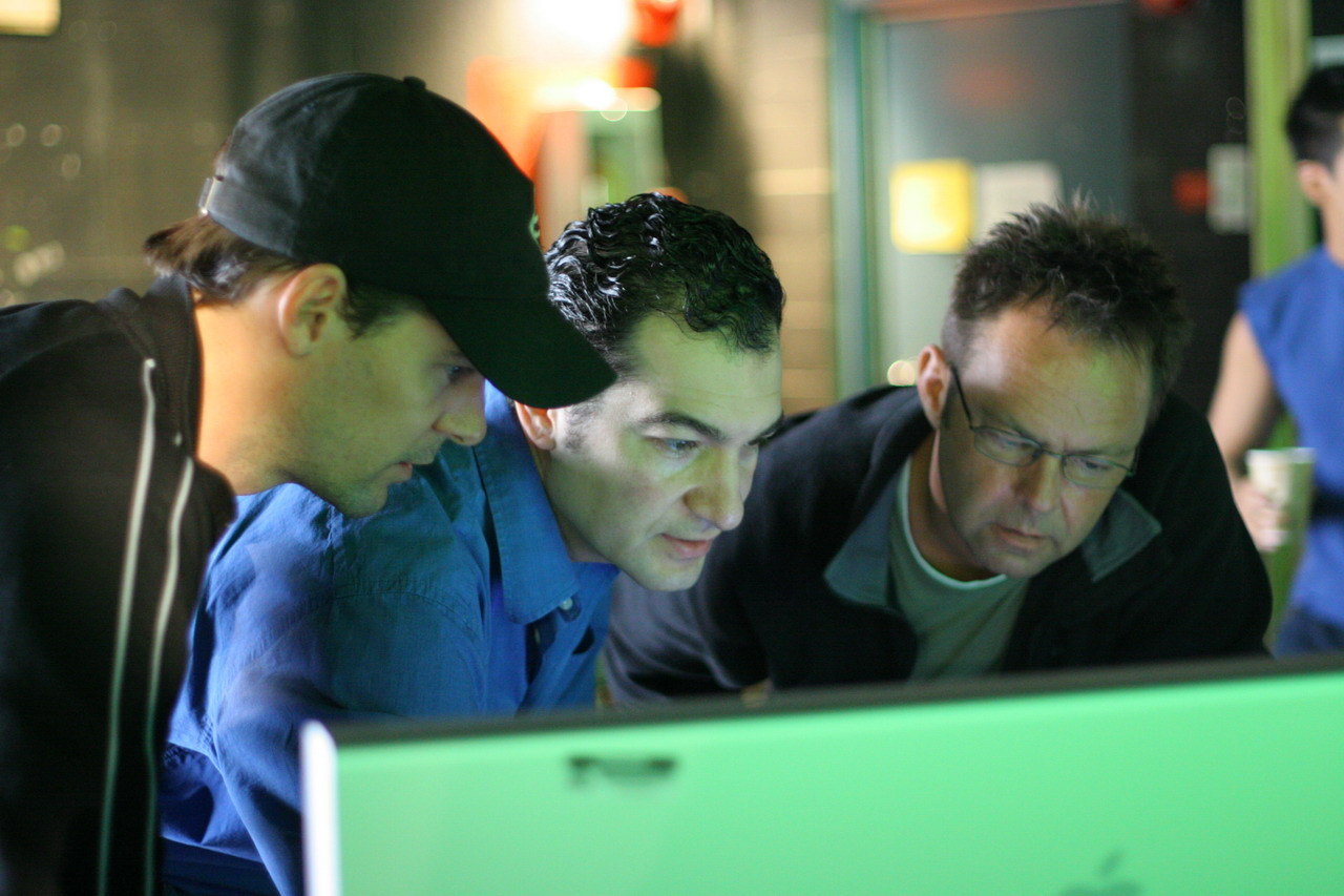 Left to right: Brian Pearson (DP), Habib Zargarpour (Senior Art Director/VFX Supervisor), and Brian Moylan (VFX: Rainmaker) on the set of Need for Speed: Most Wanted cinematic shoot.