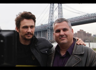 JAMES FRANCO and DANIEL ZIRILLI who is producing the doc on THE GRAPES OF WRATH by John Steinbeck (directed by PJ Palmer) on set in Brooklyn NY, 2014.