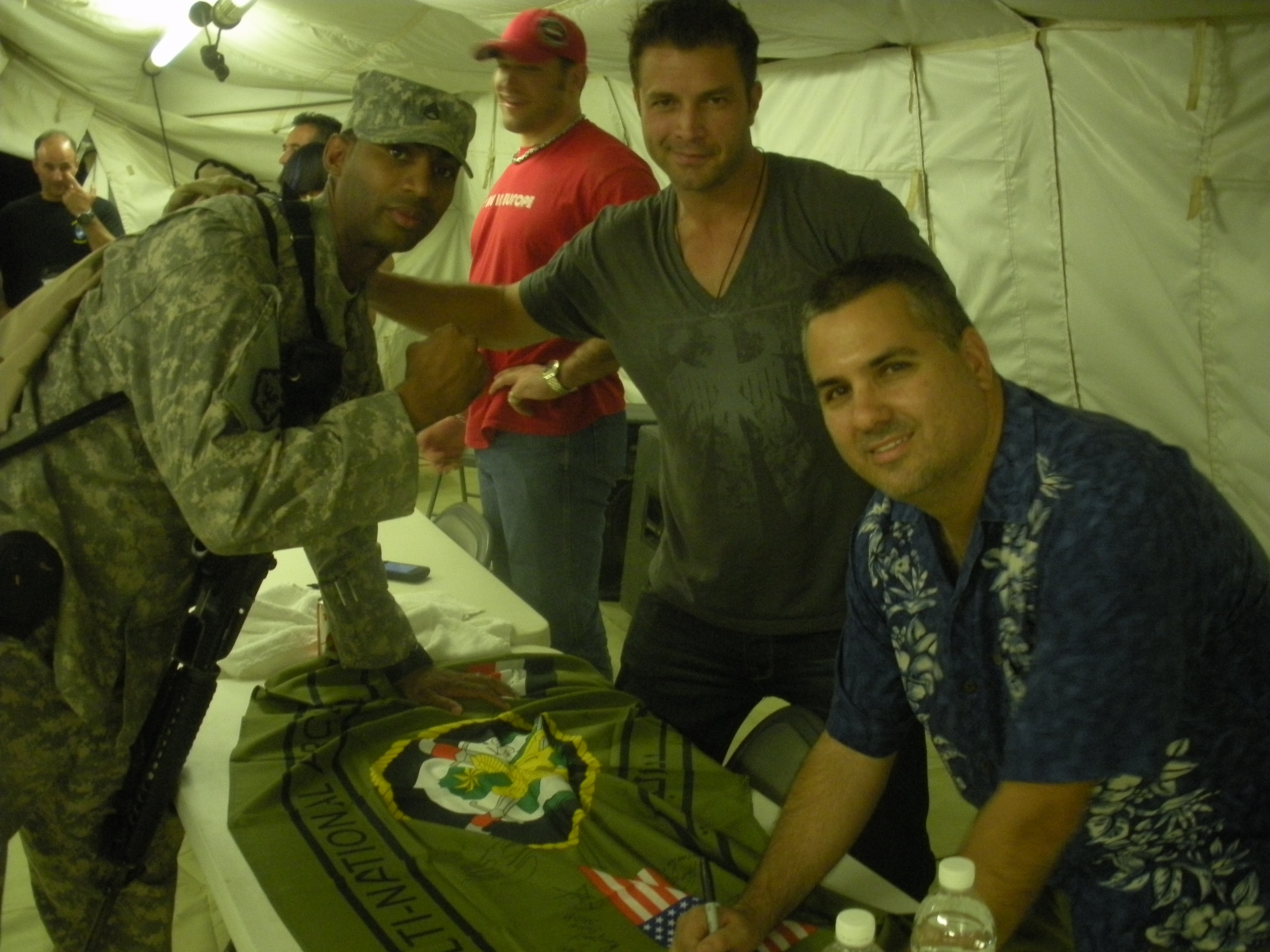 Daniel Zirilli (right) at meet and greet with US Troops at Camp Victory, Iraq, on 8 location tour screening Circle Of Pain (2010)