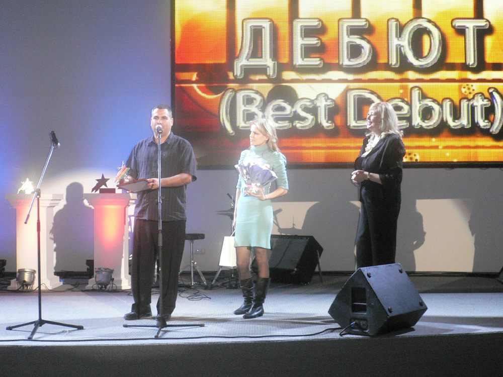 Daniel Zirilli in Moscow accepting an Award for directing FAST GIRL with actress Mercia Monroe.