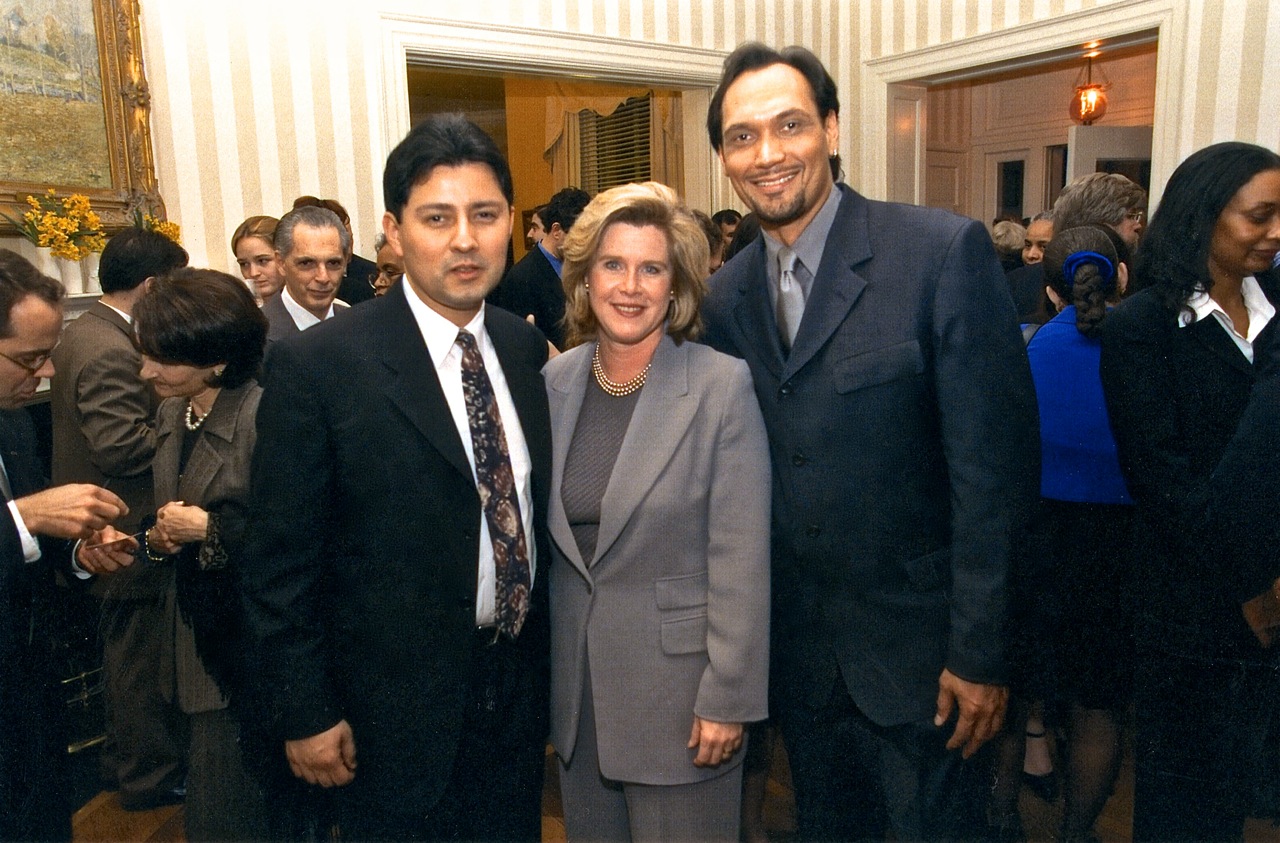 Director Carlos Avila (left), Tipper Gore (center), actor Jimmy Smits (right) at the Vice President's Residence after a National Hispanic Foundation for the Arts screening in Washington D.C..
