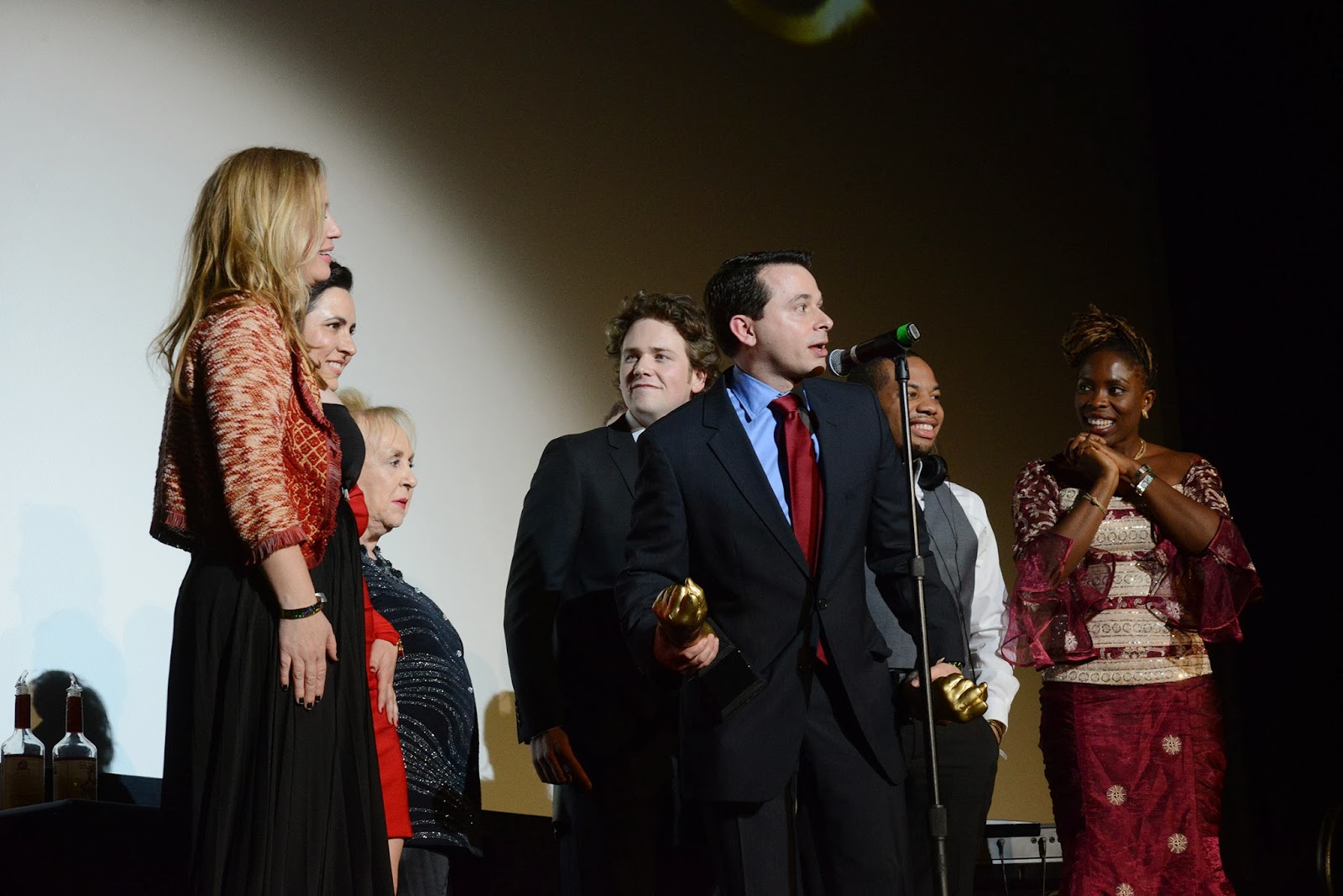 Accepting the TOSCAR for Best Parody (Terminate HER) at the 2014 Awards Ceremony at the Egyptian Theatr win Hollywood. Pictured with Heather Stevens, Montgomery Fisher, Adaora Nwandu, Jason Freeman, Nadia Wit and Presented to us by Doris Roberts.