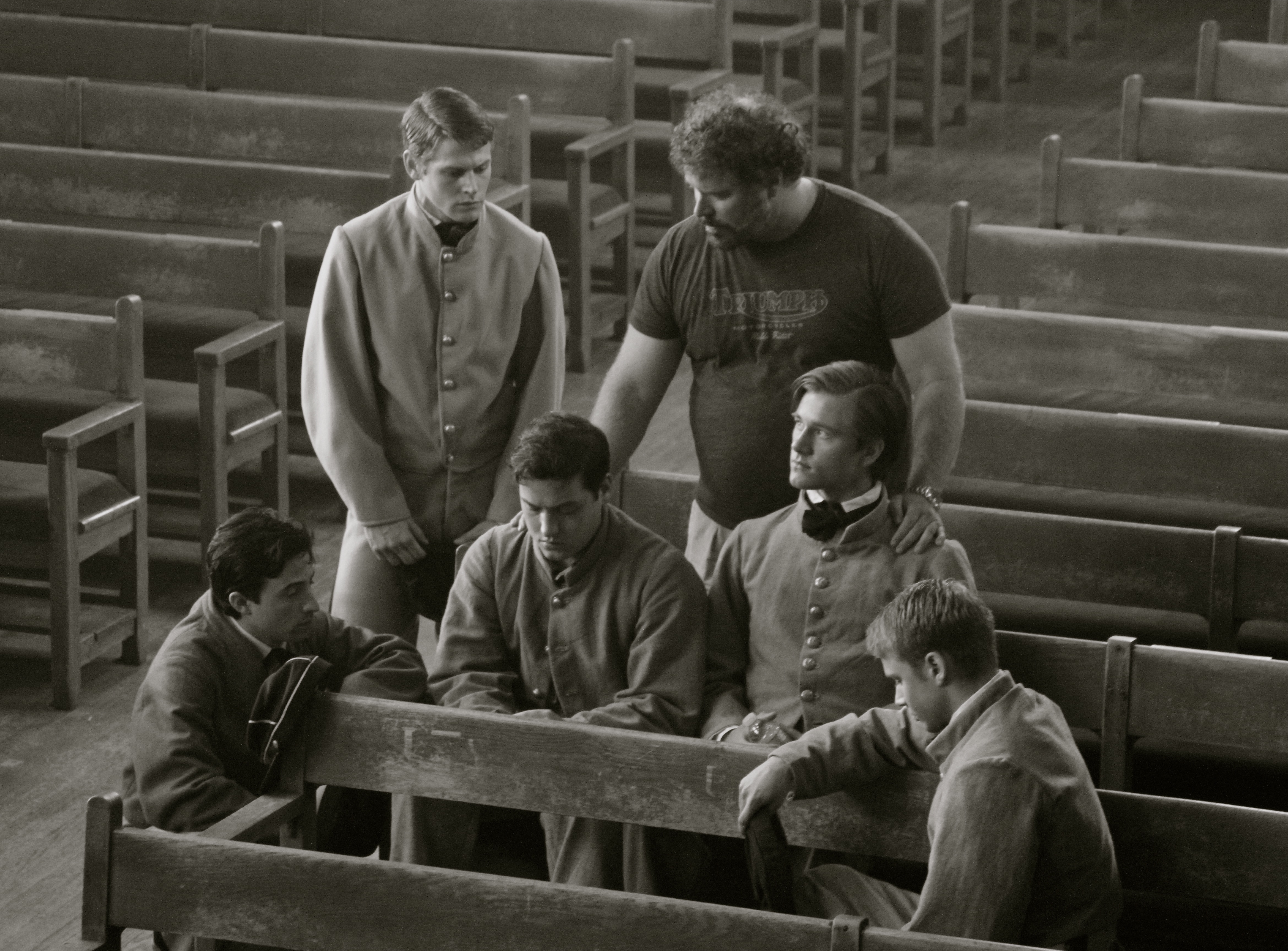 Sean McNamara directs the cadets while shooting in Virginia. (Right to left) - Max Lloyd Jones, Luke Benward, Sean Marquette, Josh Zuckerman, and Zach Roerig.