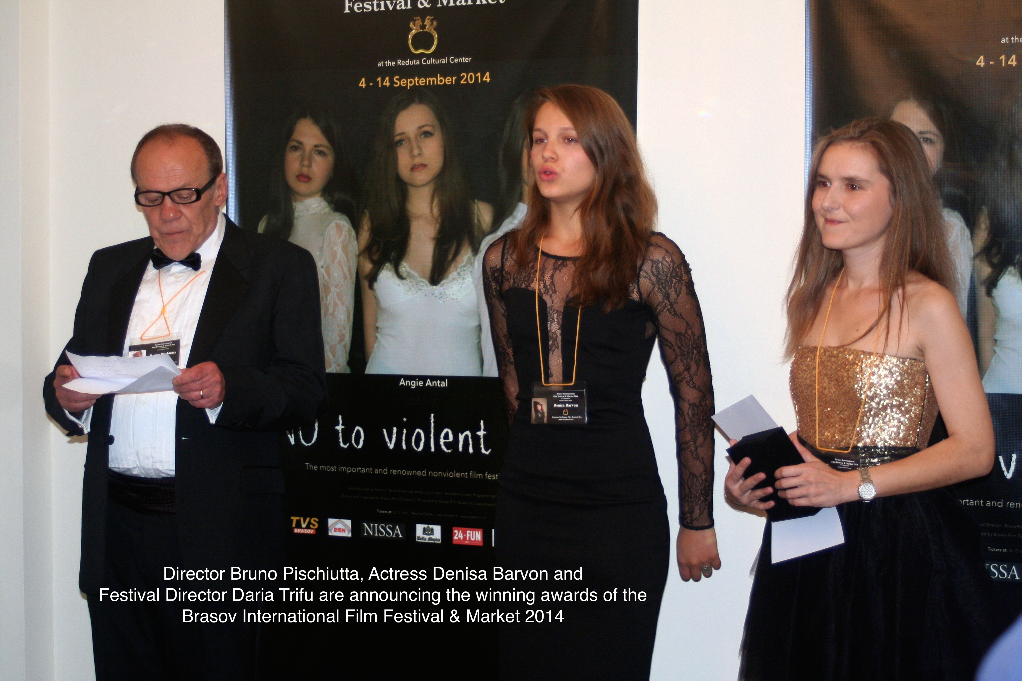 Bruno Pischiutta, Actress Denisa Barvon and Producer Daria Trifu hand-out the Awards at the 2014 Brasov International Film Festival & Market (www.brasovfilmfestival.com), the most important and renowned nonviolent film festival in the world.