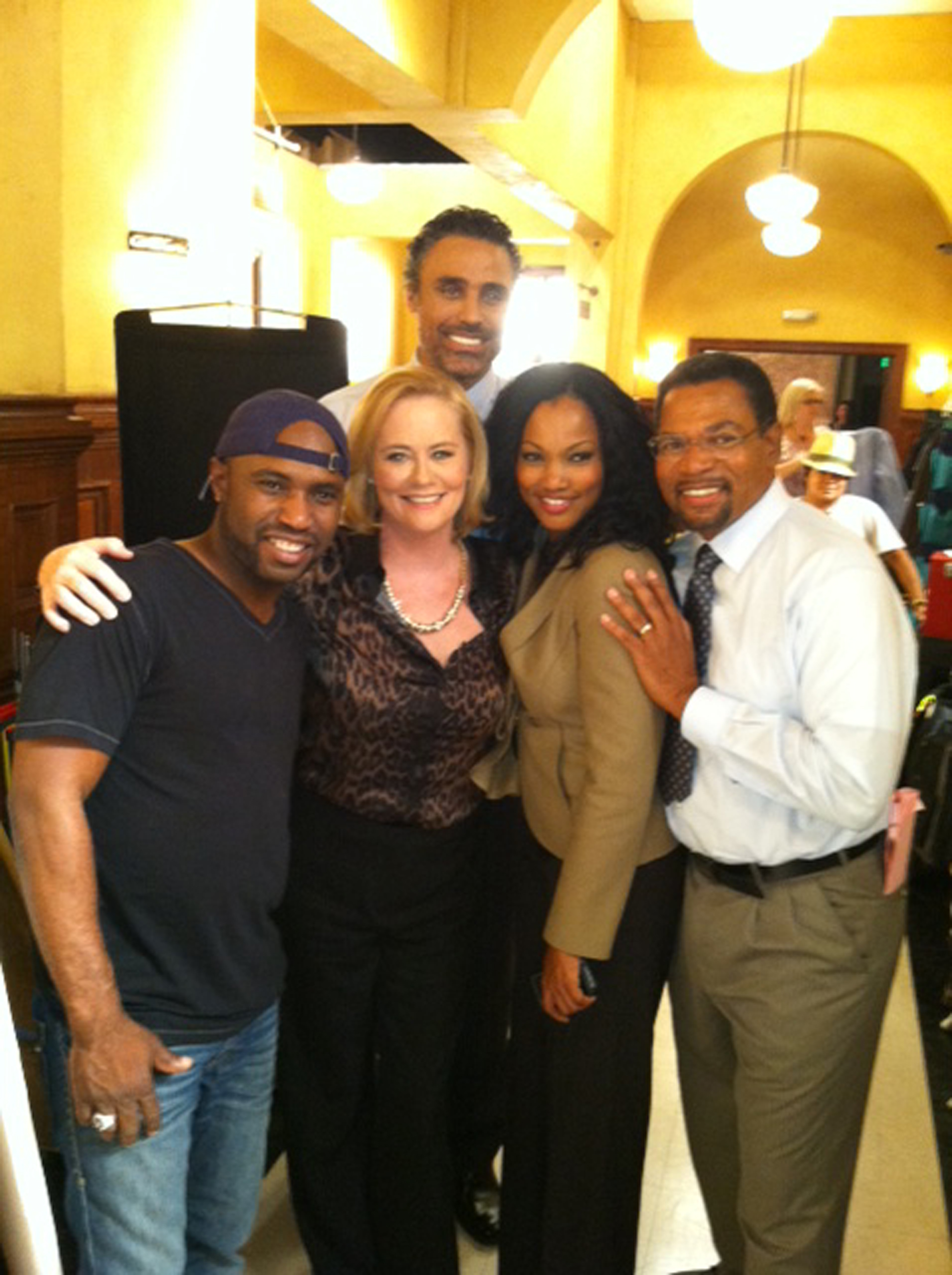 on the set of Franklin and Bash - Beau Billingslea, Rick Fox, Cybill Shepard, and Garcelle Beauvais