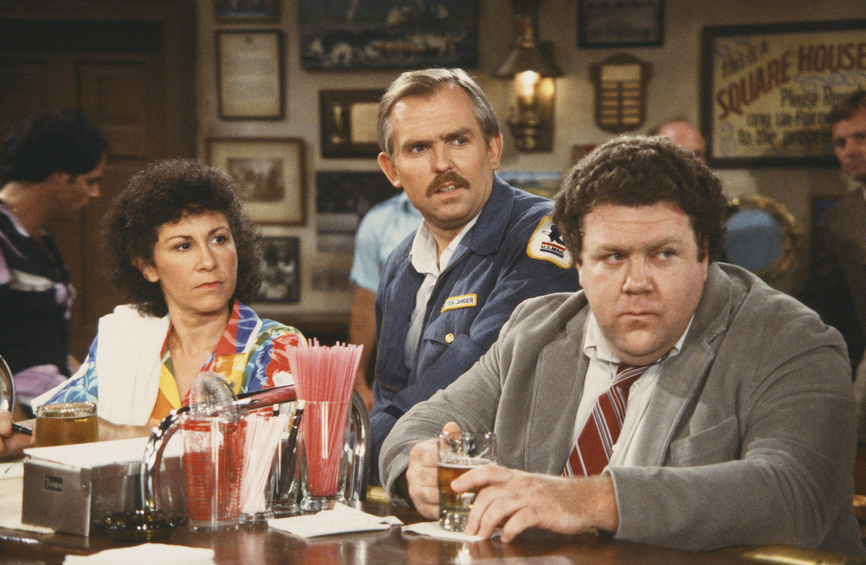 Still of John Ratzenberger, George Wendt and Rhea Perlman in Cheers (1982)