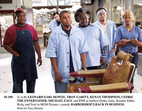 Still of Troy Garity, Cedric the Entertainer, Kenan Thompson, Michael Ealy, Eve and Leonard Earl Howze in Barbershop 2: Back in Business (2004)