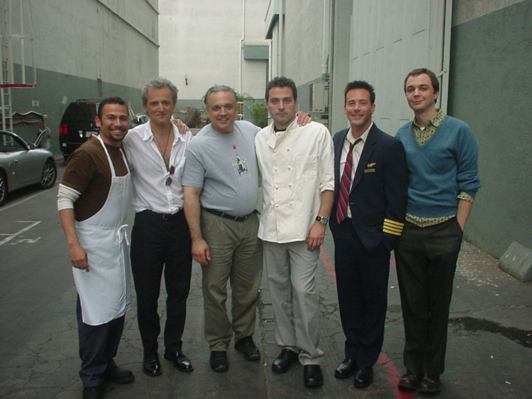 (L-R) Lombardo Boyar, Alexander Leeb, Glenn Taranto, Rufus Sewell, Richard Ruccolo and Jim Parsons take a break from rehearsing TASTE on the Sony lot.