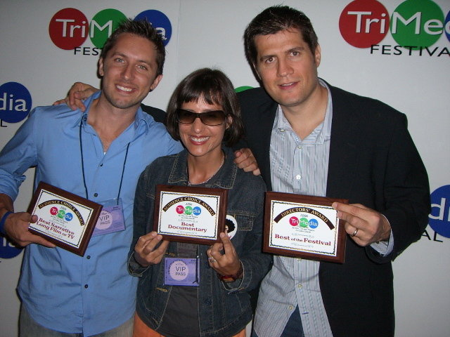 Abner Zurd with her prize for Best Documentary, Audience Choice Award, at the TriMedia Festival with fellow winners Mark Hefti and Frederic Lumiere, who won for their feature 