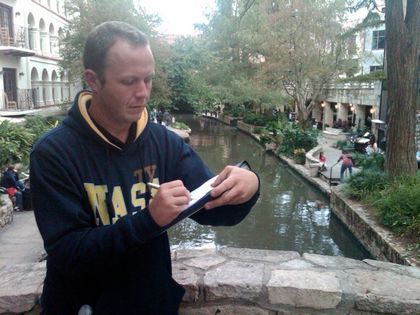 Making notes for an MTV shoot in San Antonio.