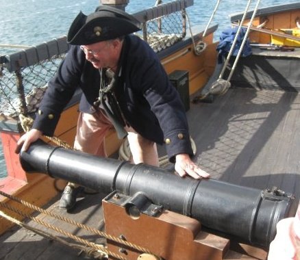 Quarterdeck of HMS Surprise with patented recoiling 6lb replica