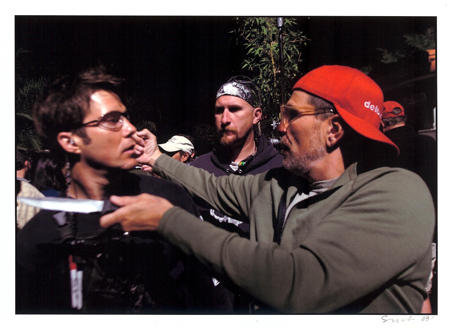 (from left to right) Blumes Tracy, Tom Seymour and David Mamet: working out an action sequence on the set of Spartan.
