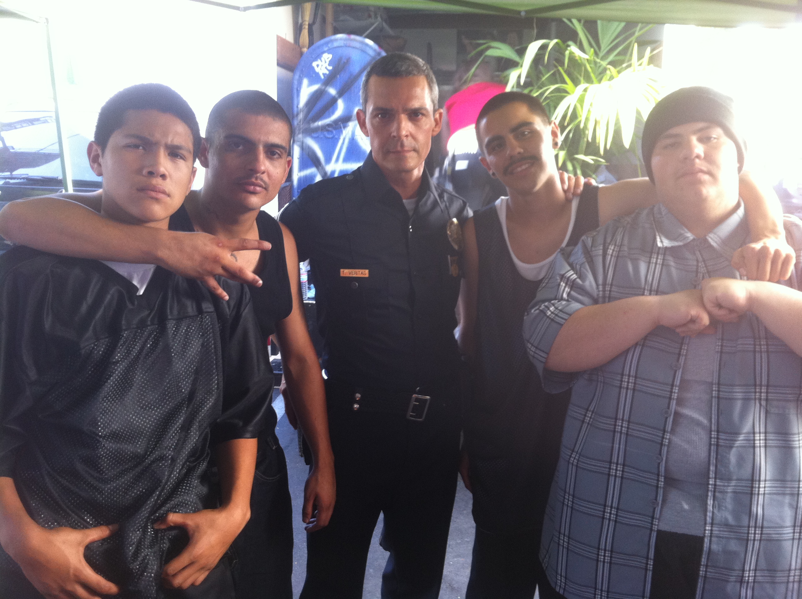Johnny Ortiz, Allen Corral, Billy Gallo, Angel Lizarraga, and Kevin Gonzalez on set of 'Strike One' at Pecan Park, East Los Angeles