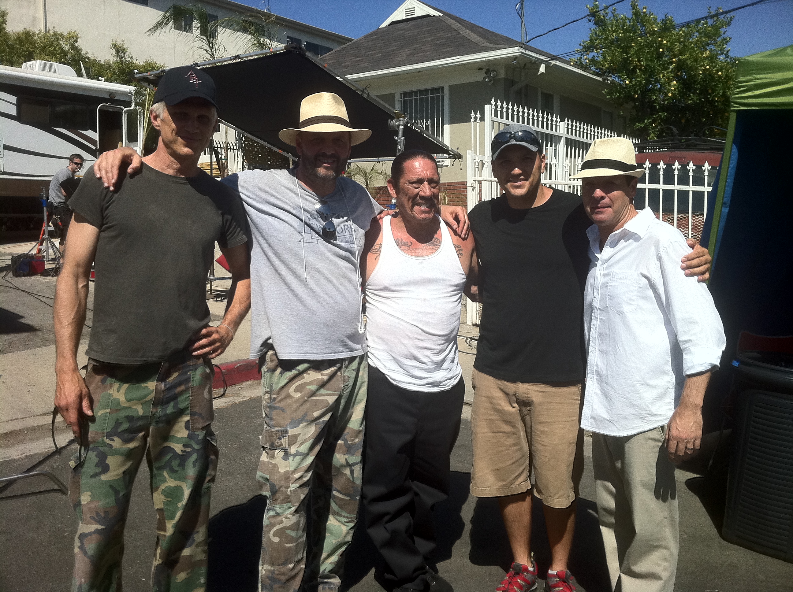Lawrence Smilgys, David Llauger- Meiselman, Danny Trejo, Felipe Alejandro, and French Stewart on set of 'Strike One'