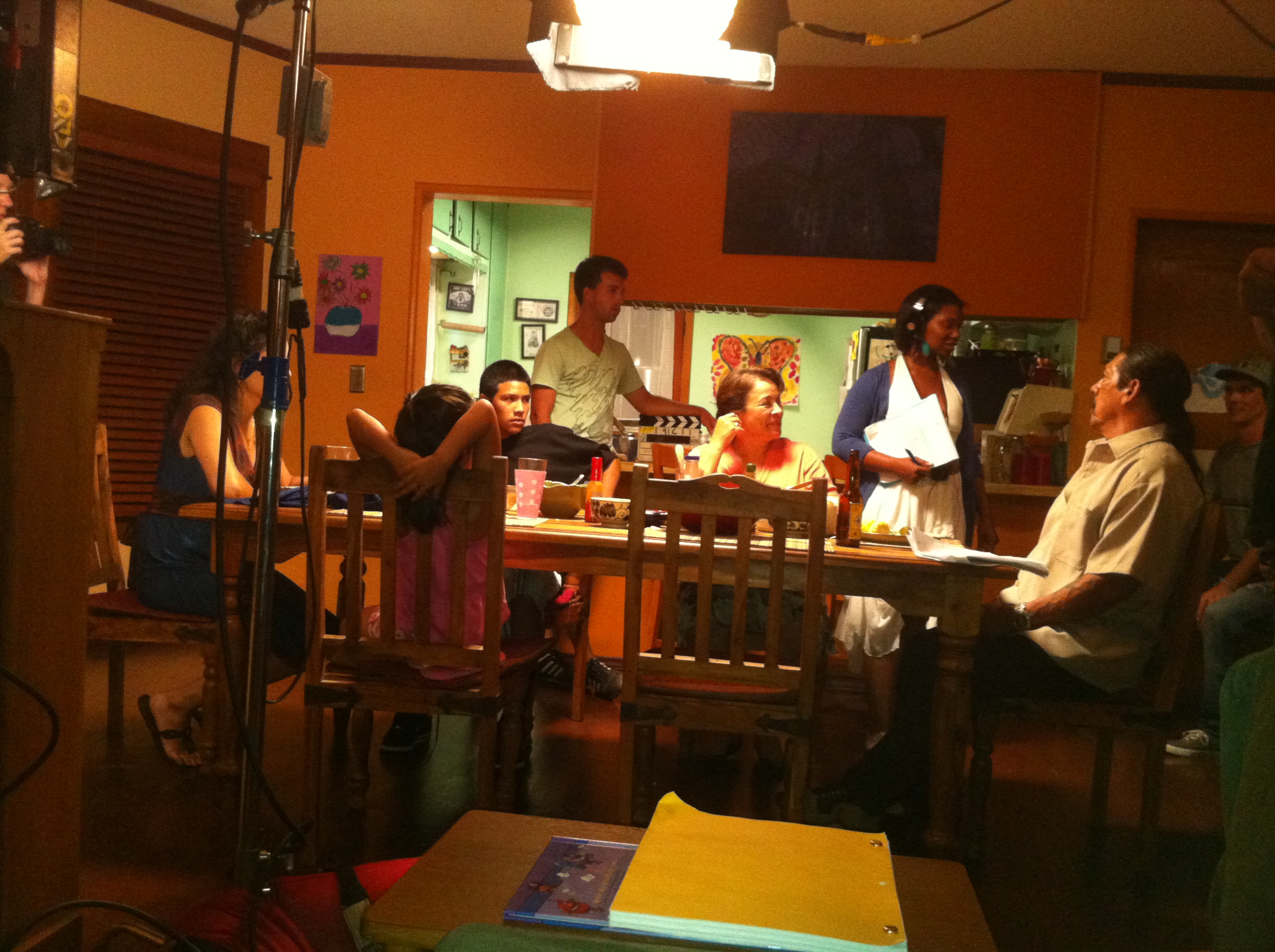 On the set of 'Strike One' during family dinner ... Standing A.J. Winslow, and Liz Edwards, seated are Kyara Campos, Maris Isa, Johnny Ortiz, Alma Martinez, and Danny Trejo