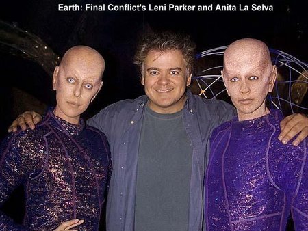 Leni Parker, director David Winning and Anita La Selva on the set of Earth: Final Conflict.