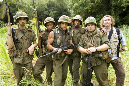 Still of Ben Stiller, Jack Black, Steve Coogan and Brandon T. Jackson in Griaustinis tropikuose (2008)
