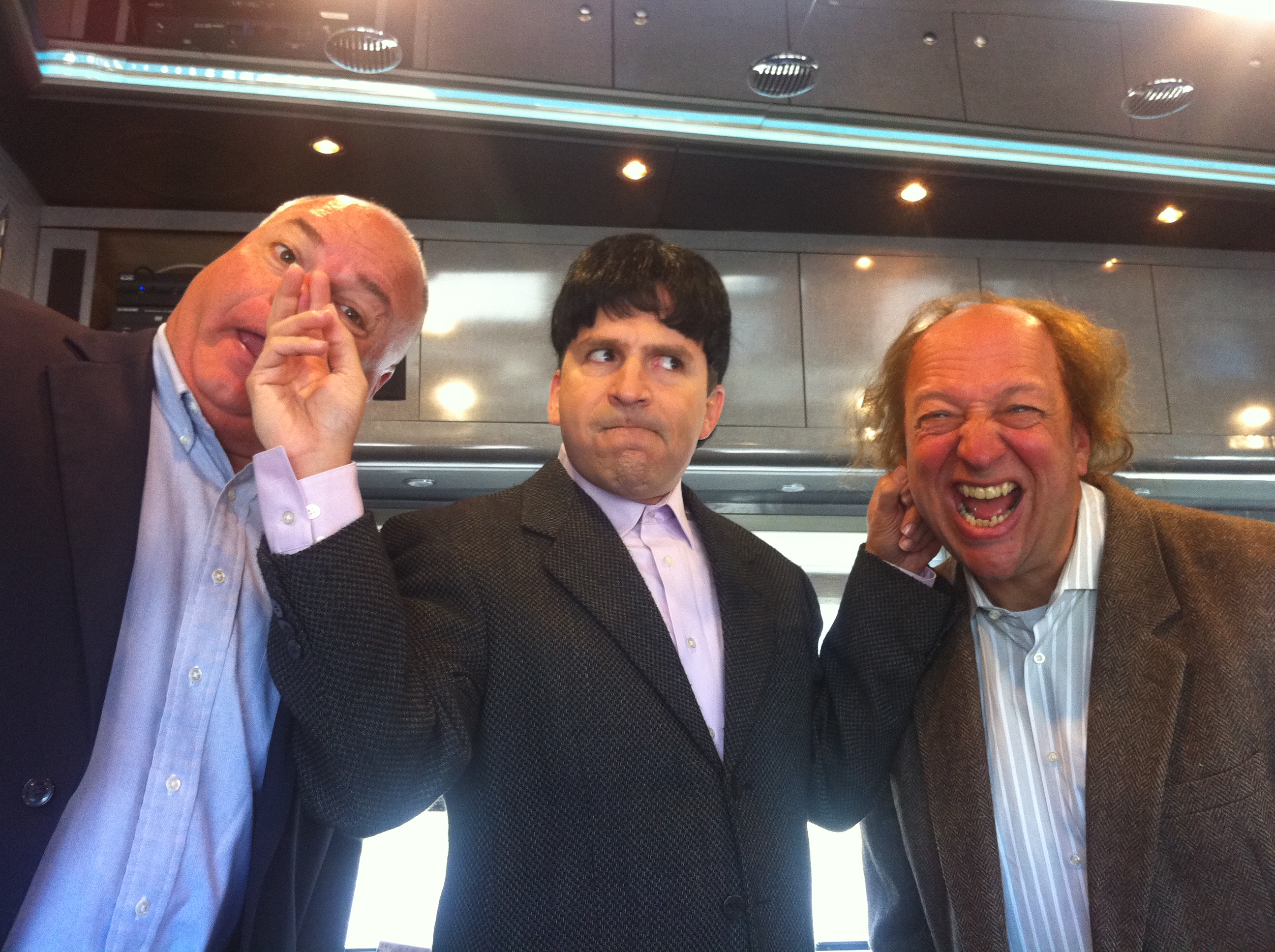 as Moe along with sidekicks Larry & Curly promoting the new Three Stooges Movie.