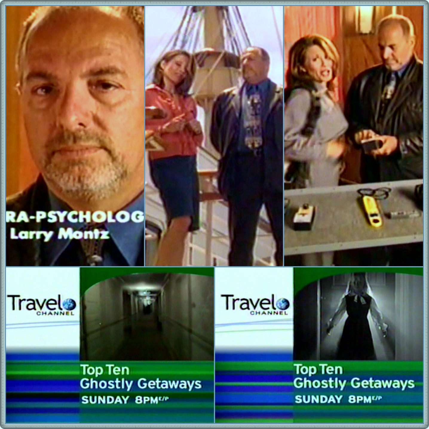 Summer 2002 - Larry Montz and Tracy Gallagher, aboard the Queen Mary, film a series of promos for Travel Channel's TOP TEN GHOSTLY GETAWAYS.