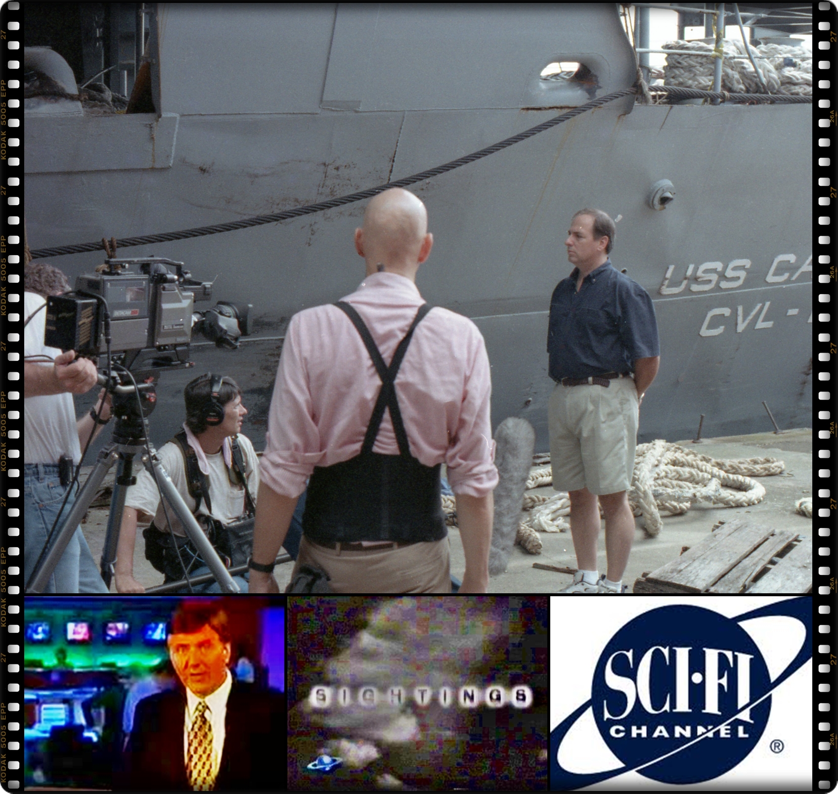 August 1996 - Larry Montz filming for SIGHTINGS on Scifi (now SYFY), Episode # 5054: THE IRON WOMAN - Investigation of USS CABOT (1st aired October 11, 1996). The World War II ship has now been scrapped.