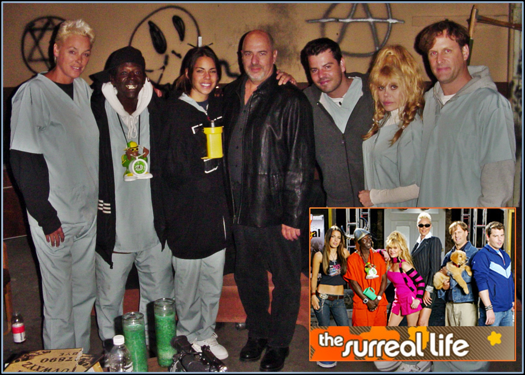 Larry Montz and 2004 SURREAL LIFE cast after filming inside Linda Vista Hospital, Summer 2004, aired October 2004. (L - R) Brigitte Nielsen, Flavor Flav, Ryan Starr, Larry Montz, Jordan Knight, Charo, Dave Coulier
