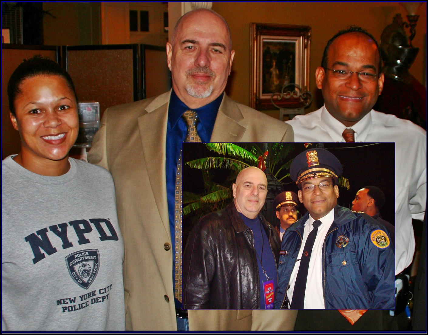 Larry Montz with fmr NOPD Deputy Supt. Marlon Defillo at the Pre-Grand Opening of Montz' PARAPLEX (Jan. 2009) and backstage at the Mayor's New Years Eve concert & party (insert photo).