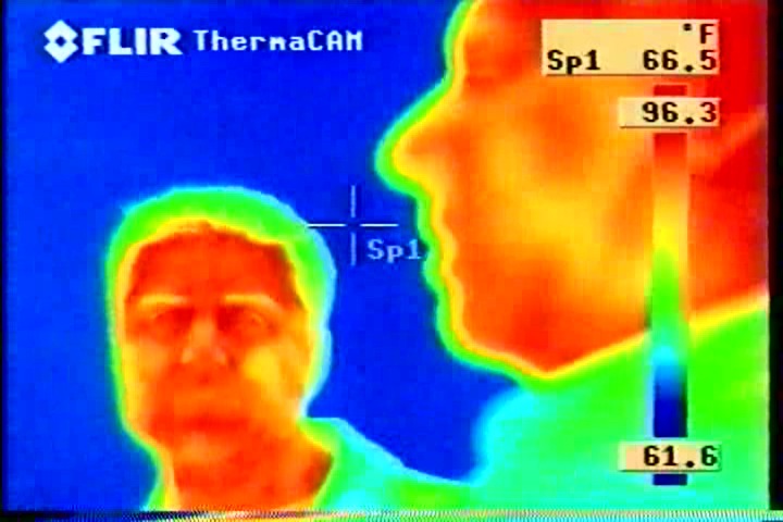 Hollywood & Beyond (working title) Larry Montz (r) captured in thermal during ISPR / Marvin Gaye paranormal investigation. E! Entertainment. Mark L. Walberg (Antiques Roadshow, Forever Young) to the left. Hollywood, April 2002