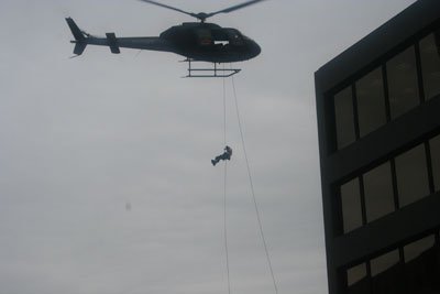 Stuntman Rich Hopkins having fun with a Helicopter.