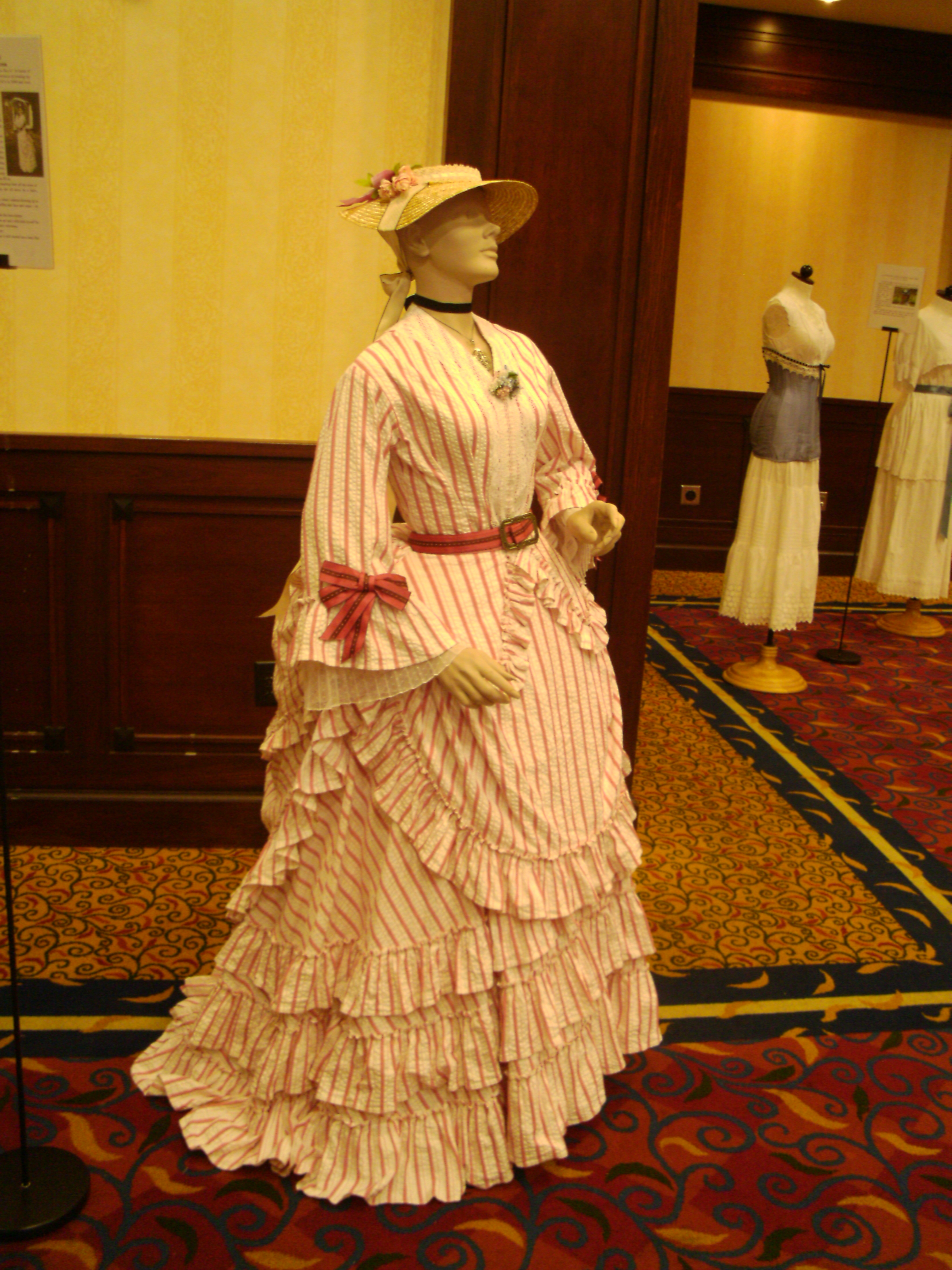 1870 bustle dress, manufactured from original 19th century patterns for display.