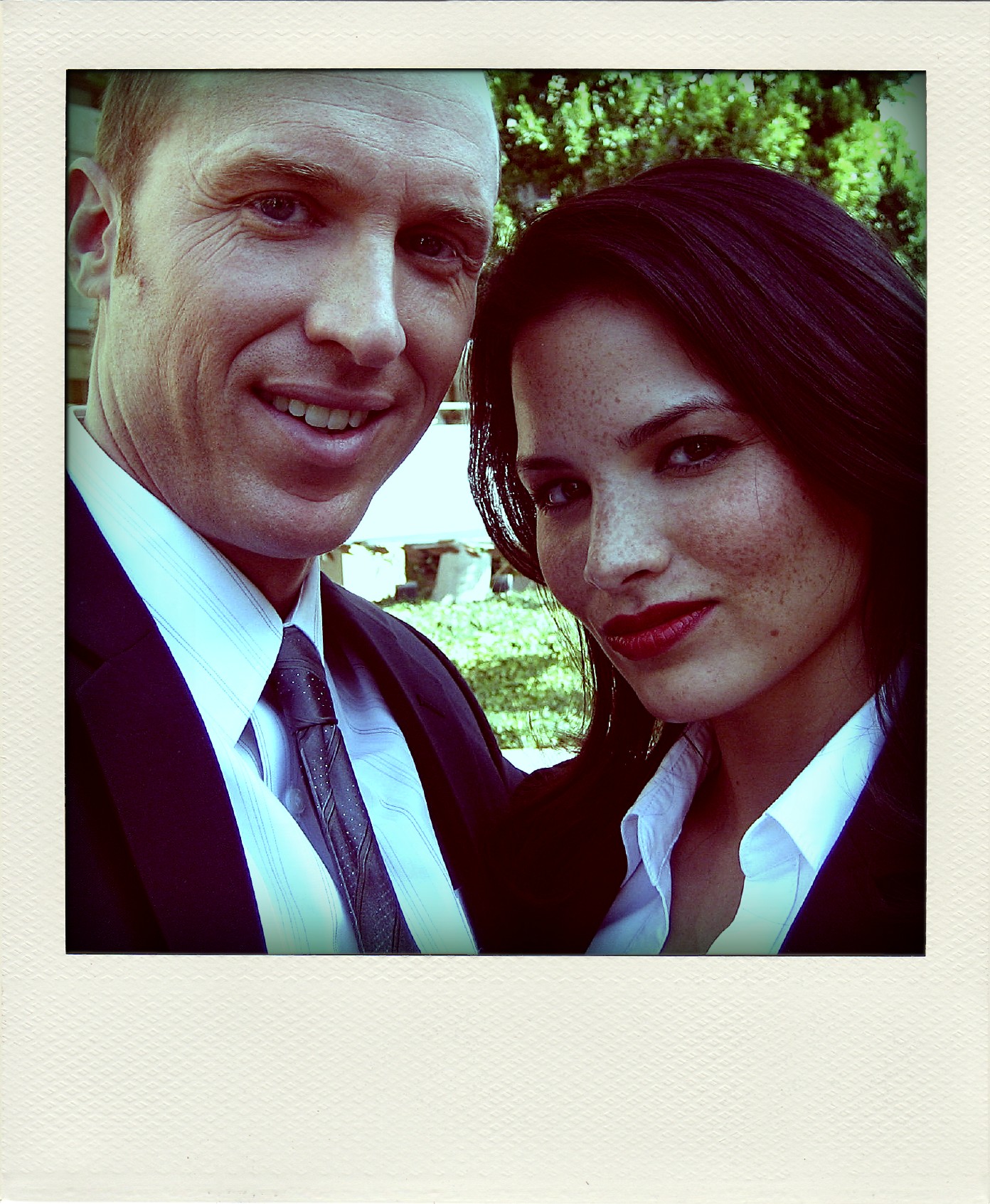 Tim Coyne with actress Katrina Law on the set of NBC's 