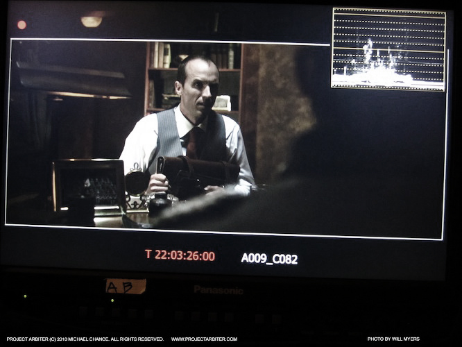 A monitor shot of Tim Coyne, as viewed through the RED camera on the set of Project Arbiter.