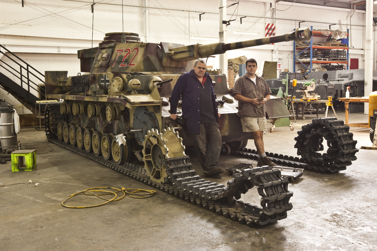Panzer tank under construction. Philip Sharpe (Right) with Peter Osborn.