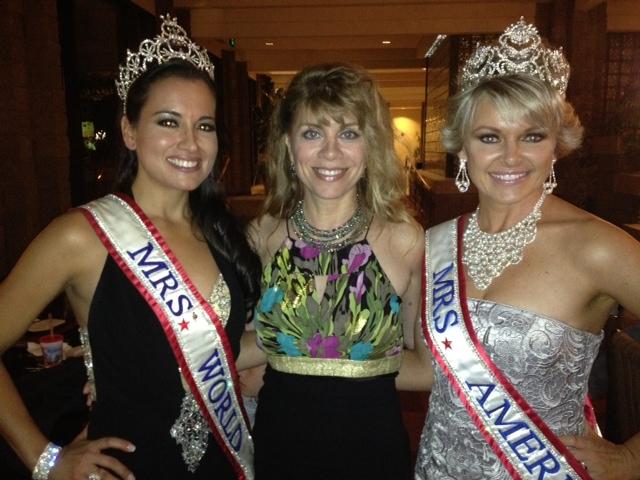 Lynne Oropeza with Mrs. World 2011 April Lufrui (L) & Mrs. America 2012 Vicki Sarber (R) on location for Game of Crowns (working title) July 2013
