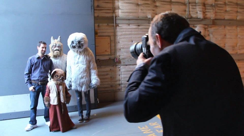 Behind the Scenes on Volkswagen's 2012 Superbowl commercial, featuring Darth Vader and the aliens of the Star Wars Cantina. Creature creator Tom Spina poses with the creatures from Table #1, with actress Brianna Gardner as Muftak (R).