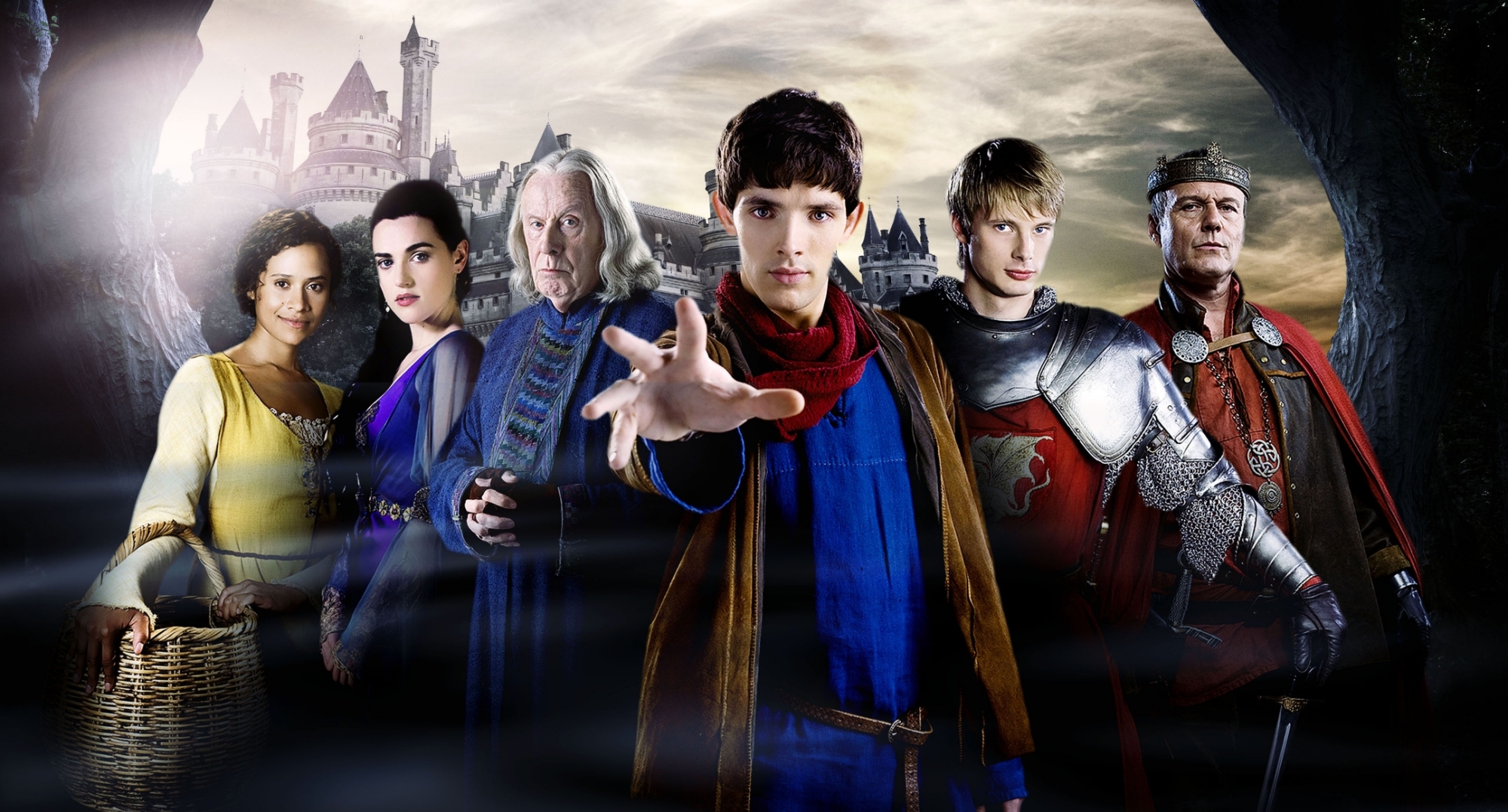 Still of Anthony Head, Angel Coulby, Katie McGrath, Colin Morgan and Bradley James in Merlin (2008)