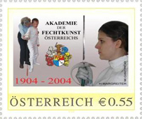 Austrian postage stamp: 100 years Fencing Masters' Academy